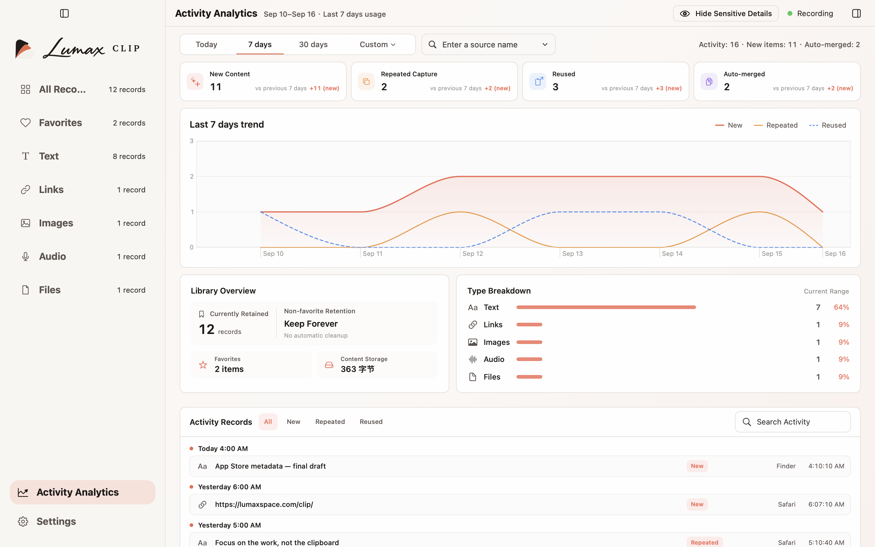 Lumax Clip Pro Activity Analysis with seven days of statistics calculated from example events.