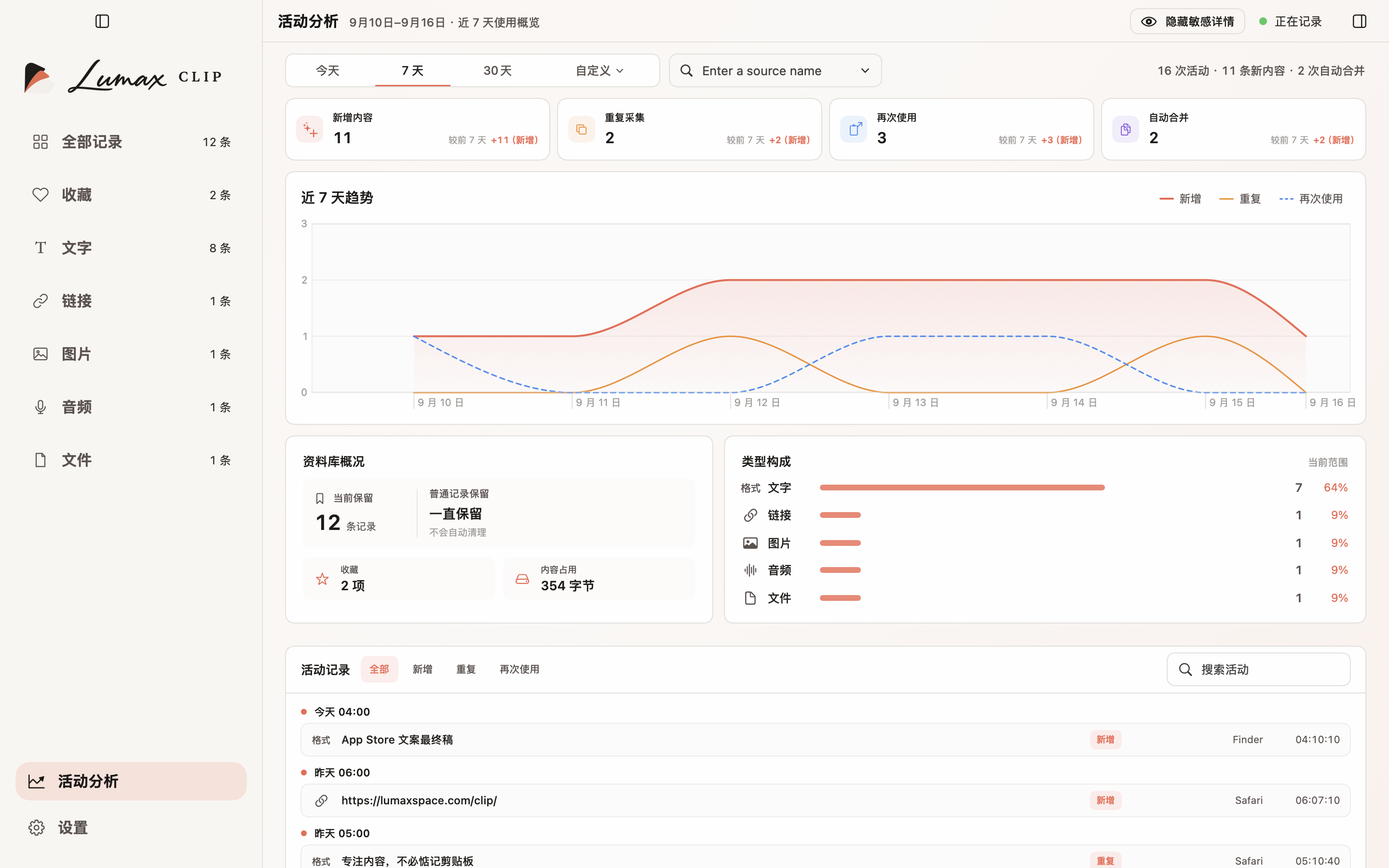 Lumax Clip Pro 的活动分析，按示例事件计算的七天统计。