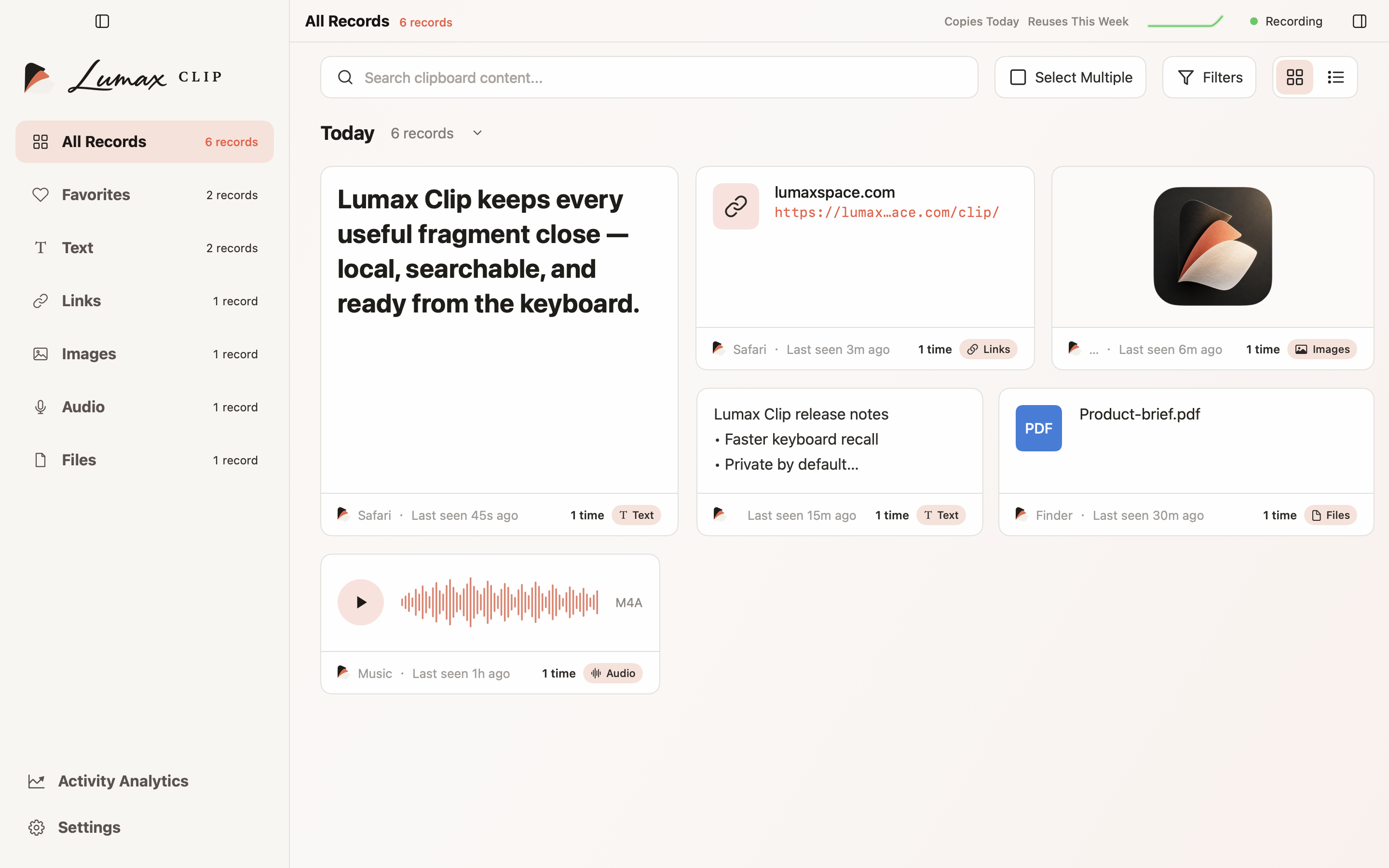 The Lumax Clip main window showing a searchable clipboard library.