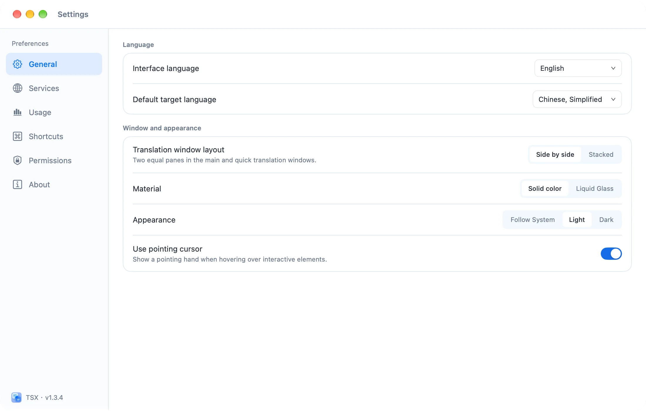 The TSX settings window.